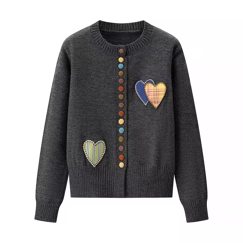 Plus Size Women's Knit Cardigan with Heart-Shaped Color Buttons Round Neck Loose Fit Sweater