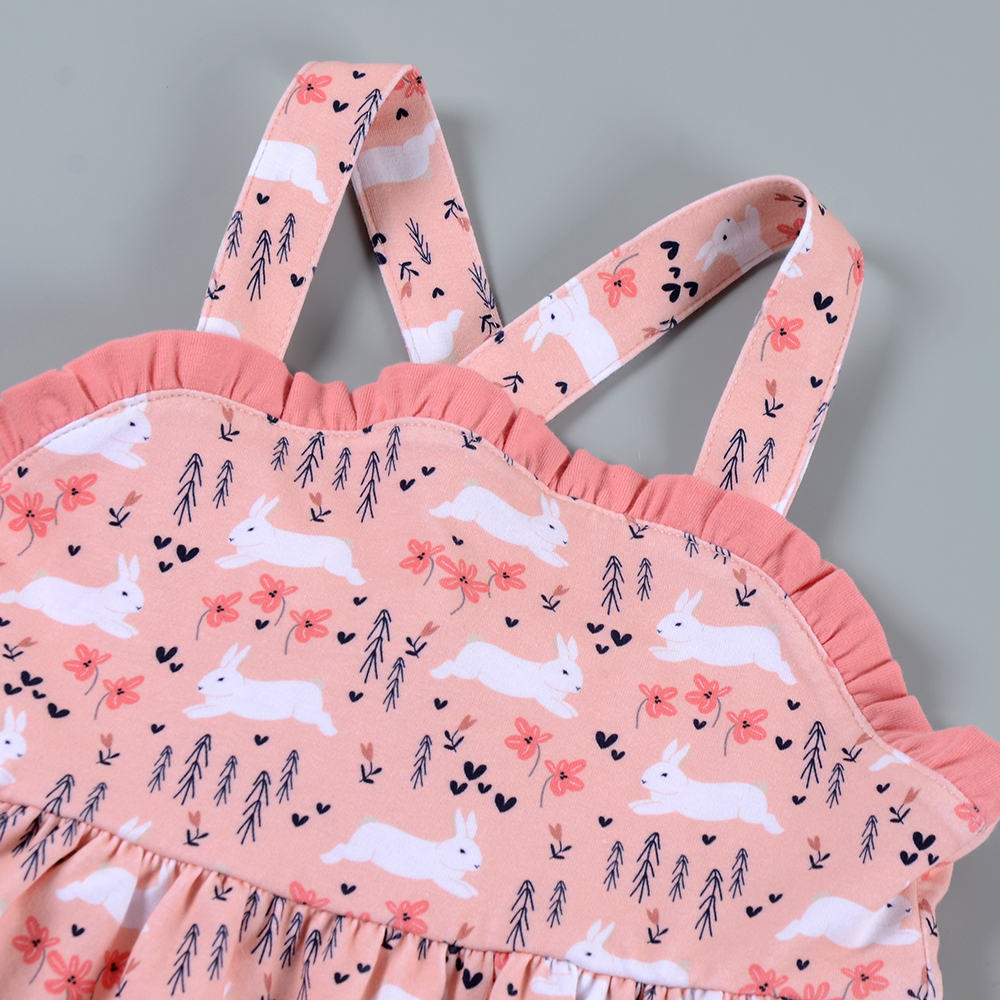 New Arrival Cute Rabbit Print Minidress &amp; Shorts Set for Girls Cotton Worested Fabric with Bow Animal Patterned Girls Clothing