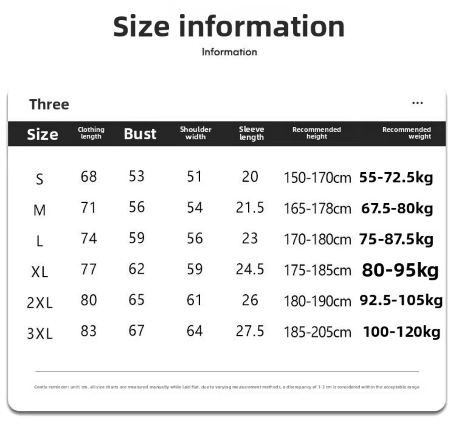 Size Measurements Chart 1