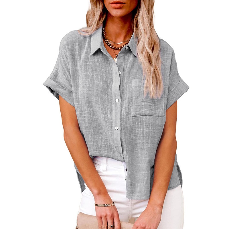 Hot Sale Women's Summer Linen Casual Shirt Short Sleeve Blouse Loose Fit Button Shirt
