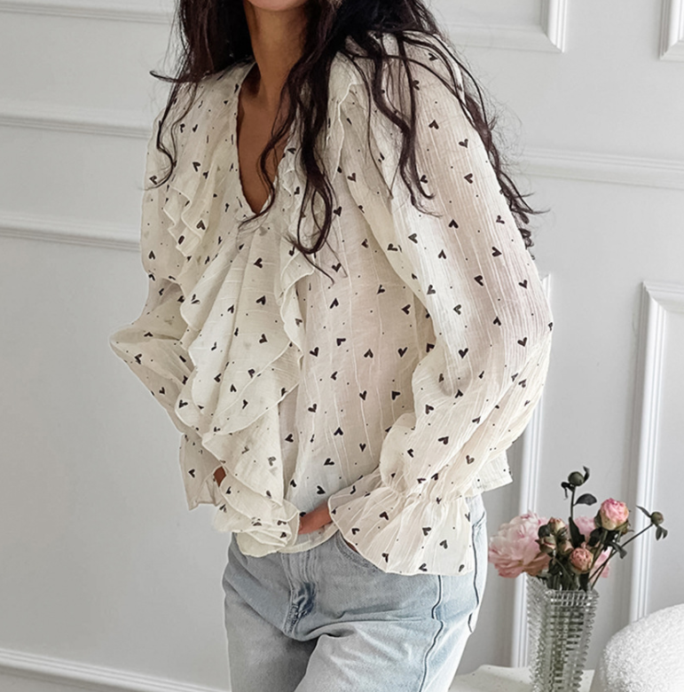 Runwaylover 2687 Transparent 2024 Ladies Sexy Flare Sleeve Printed Blouse