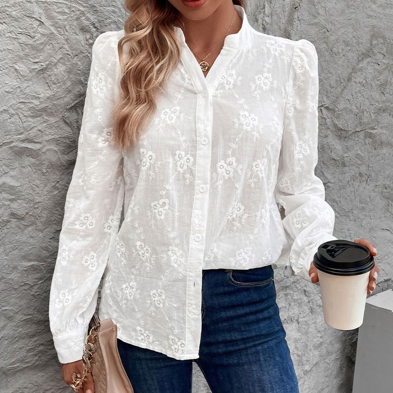 Women's Blouses Shirts Office Women's Stand Collar Shirts Embroidered Chiffon Elegant Blouses Lace Decorated Blouses