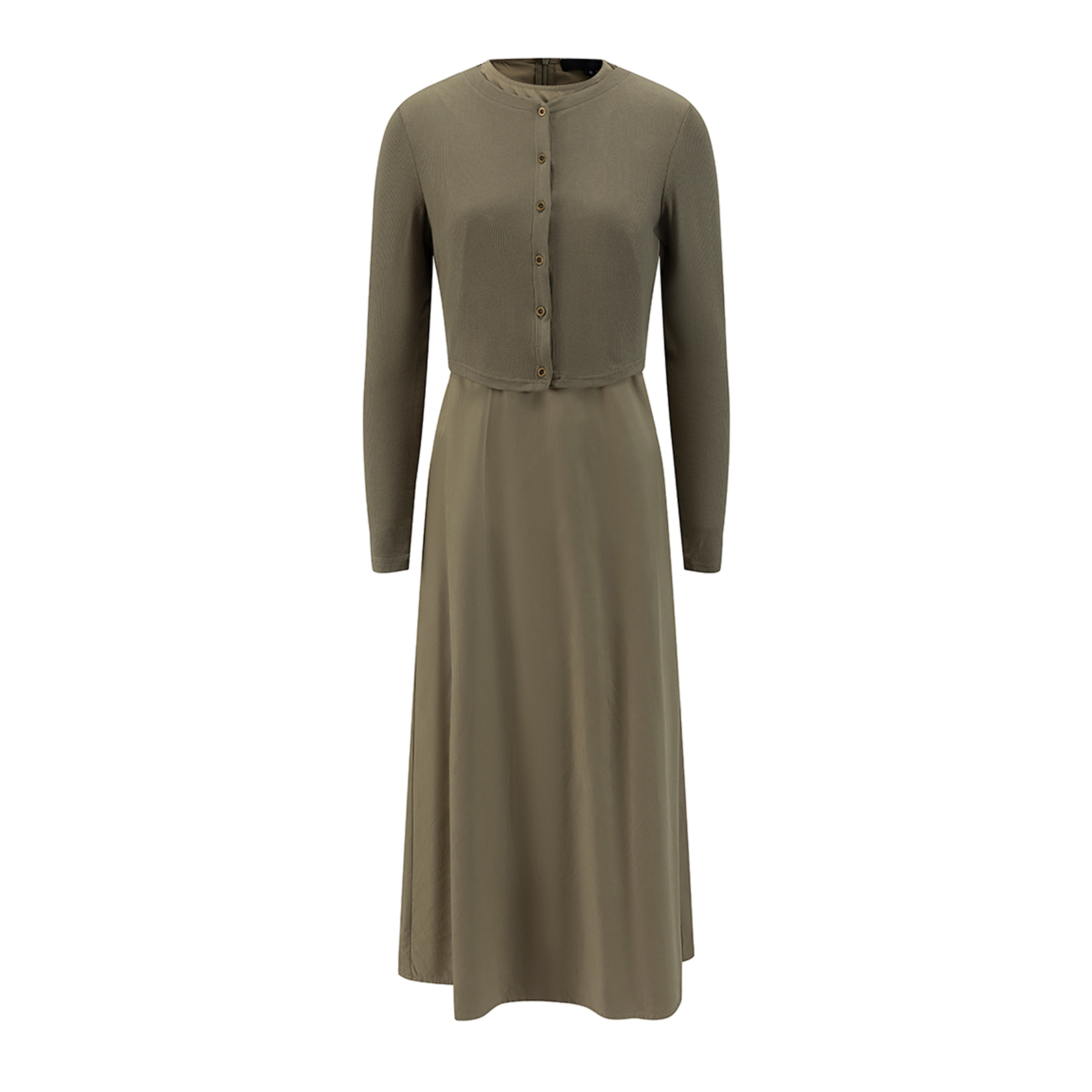 Women's Olive Green Two-Piece Midi Dress Set Cropped Knit Top &amp; Flowy Skirt Vepeen Apparel