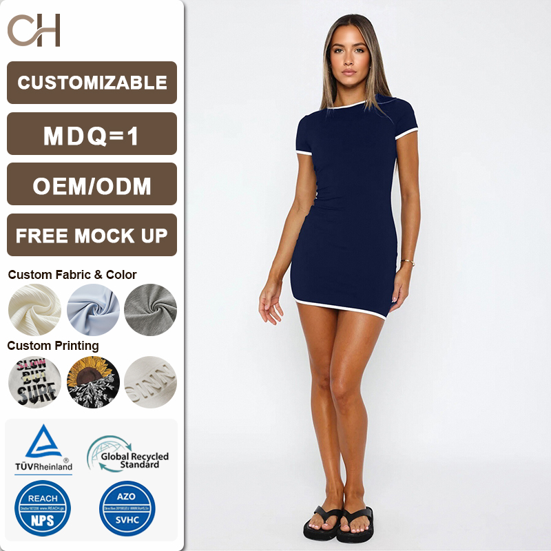 Summer Sexy Slim Fit Short Sleeve Bodycon Mini Dress Women Skinny Stretchy Casual Party Daily Figure Flattering Short Dresses