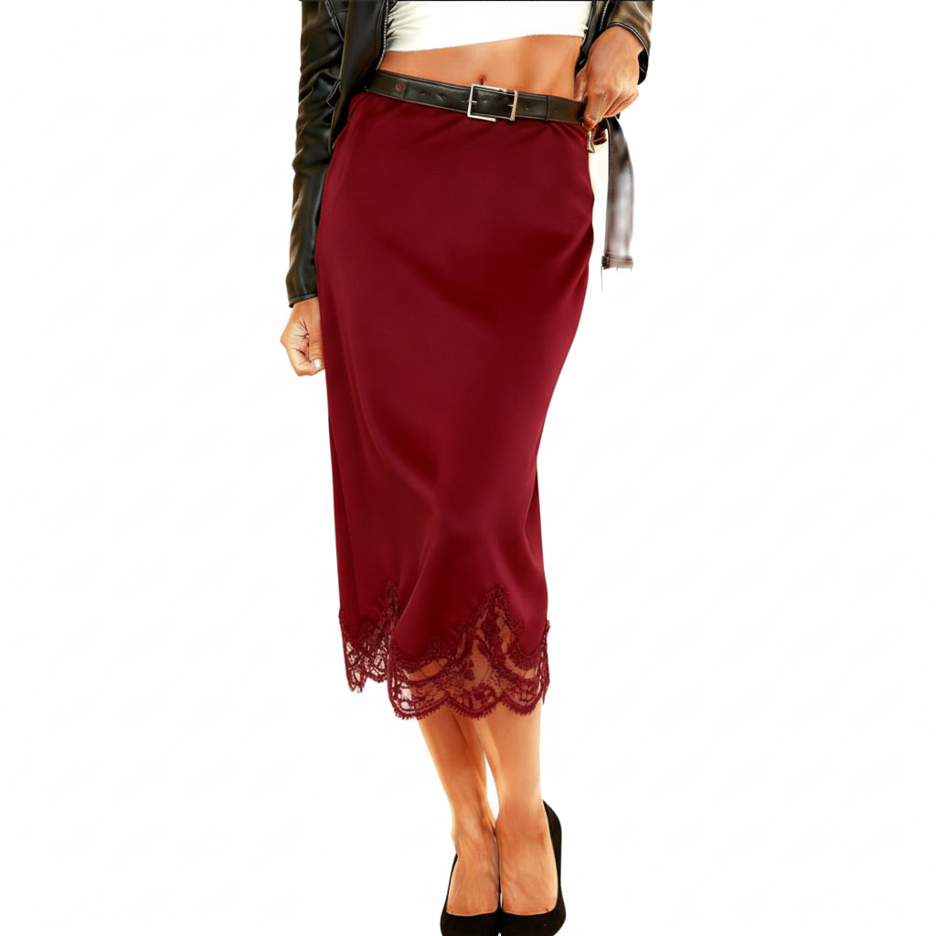Elegant Women White Premium Satin Viscose Option Lace Trim Midi Dropped WaistSkirts Bodycon for Summer