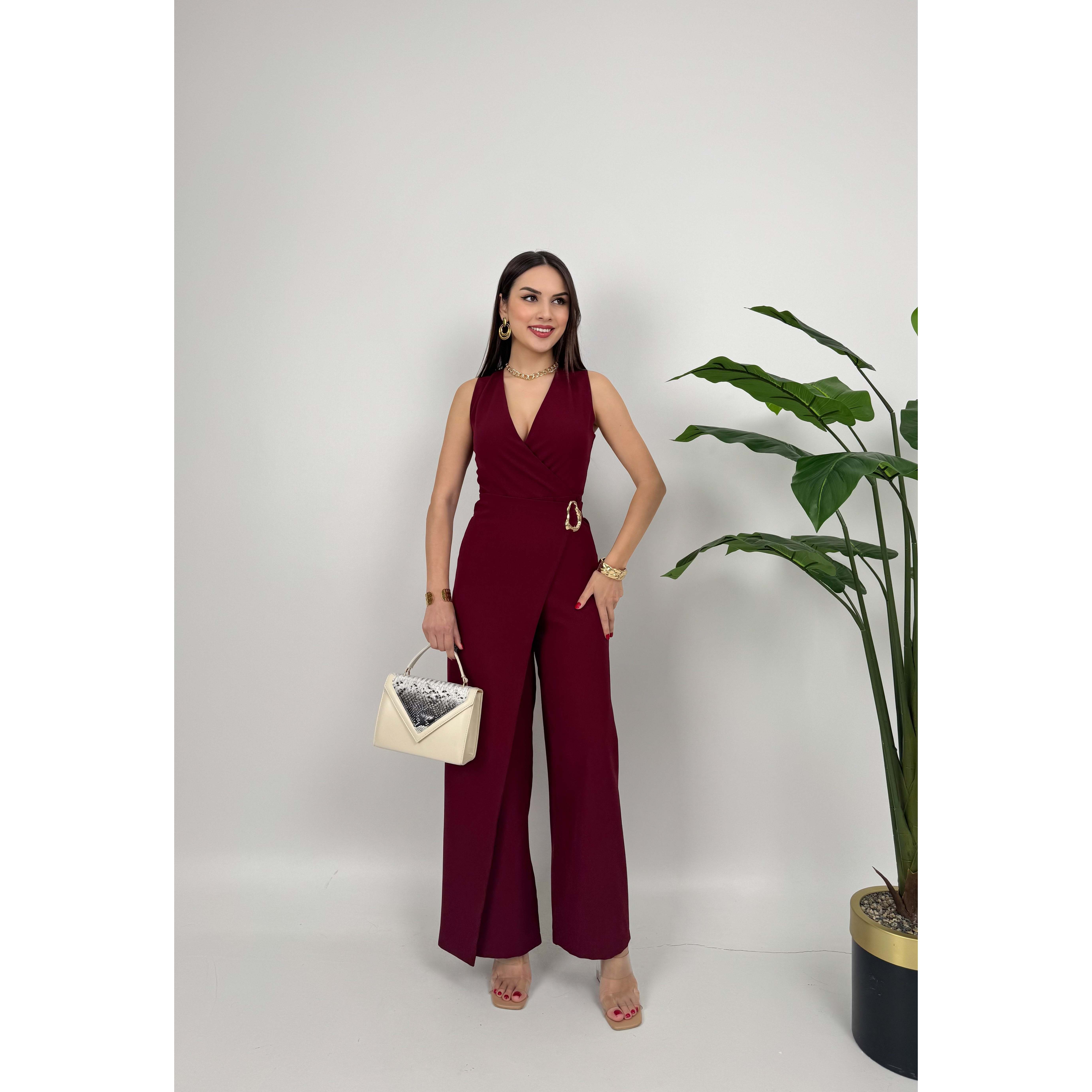 MissJANELL Women's 3019 Black Satin Jumpsuit with Waist Buckle Detail