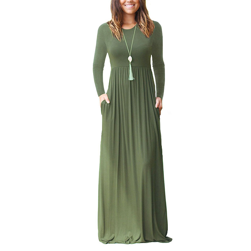 New Women's Long Sleeve Loose Plain Maxi Dresses Casual Long Dresses With Pockets