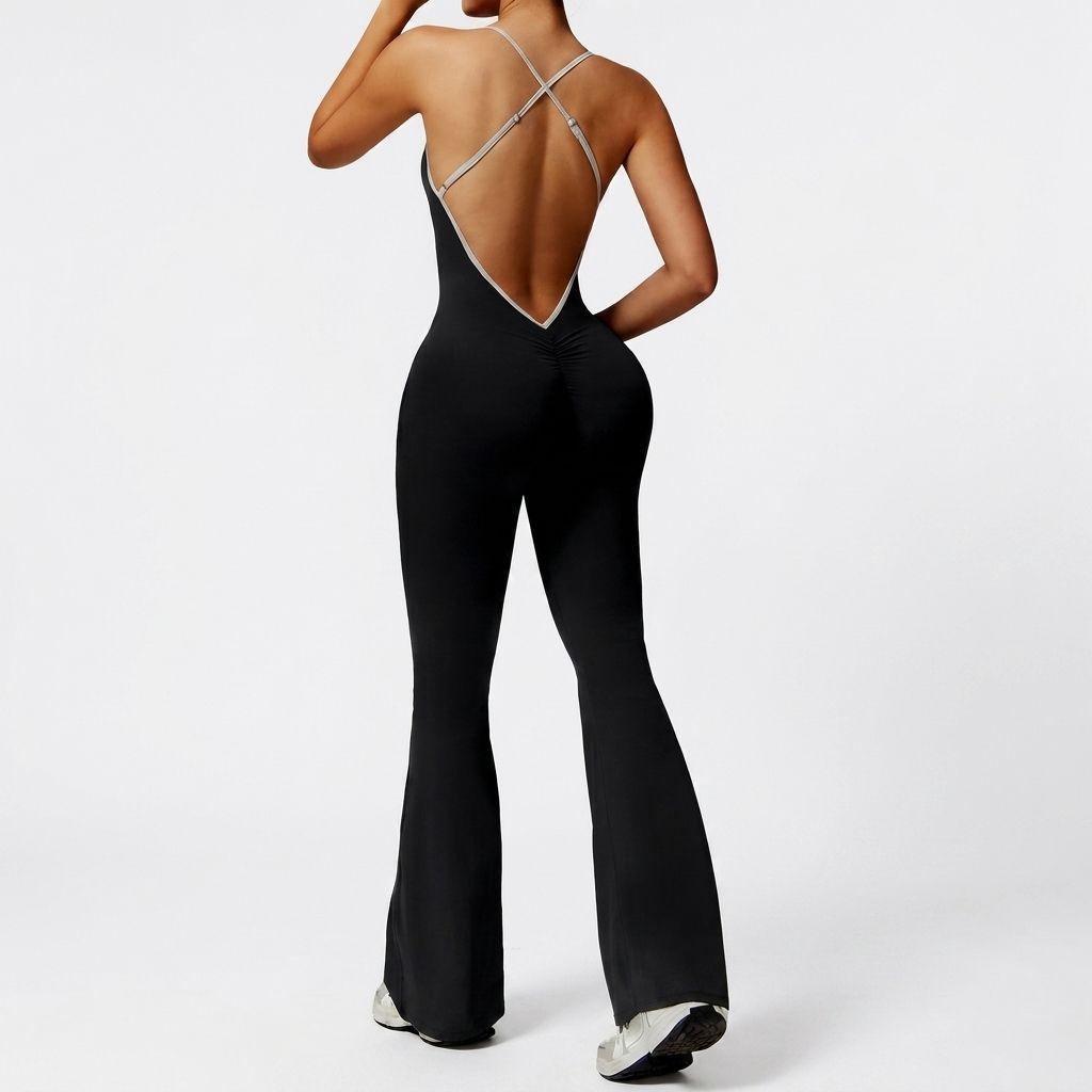 Wholesale Custom Logo Women Backless Yoga Jumpsuit Spaghetti Strap Flared Leg Bodysuit Gym Workout One Piece Bell Bottom Quick