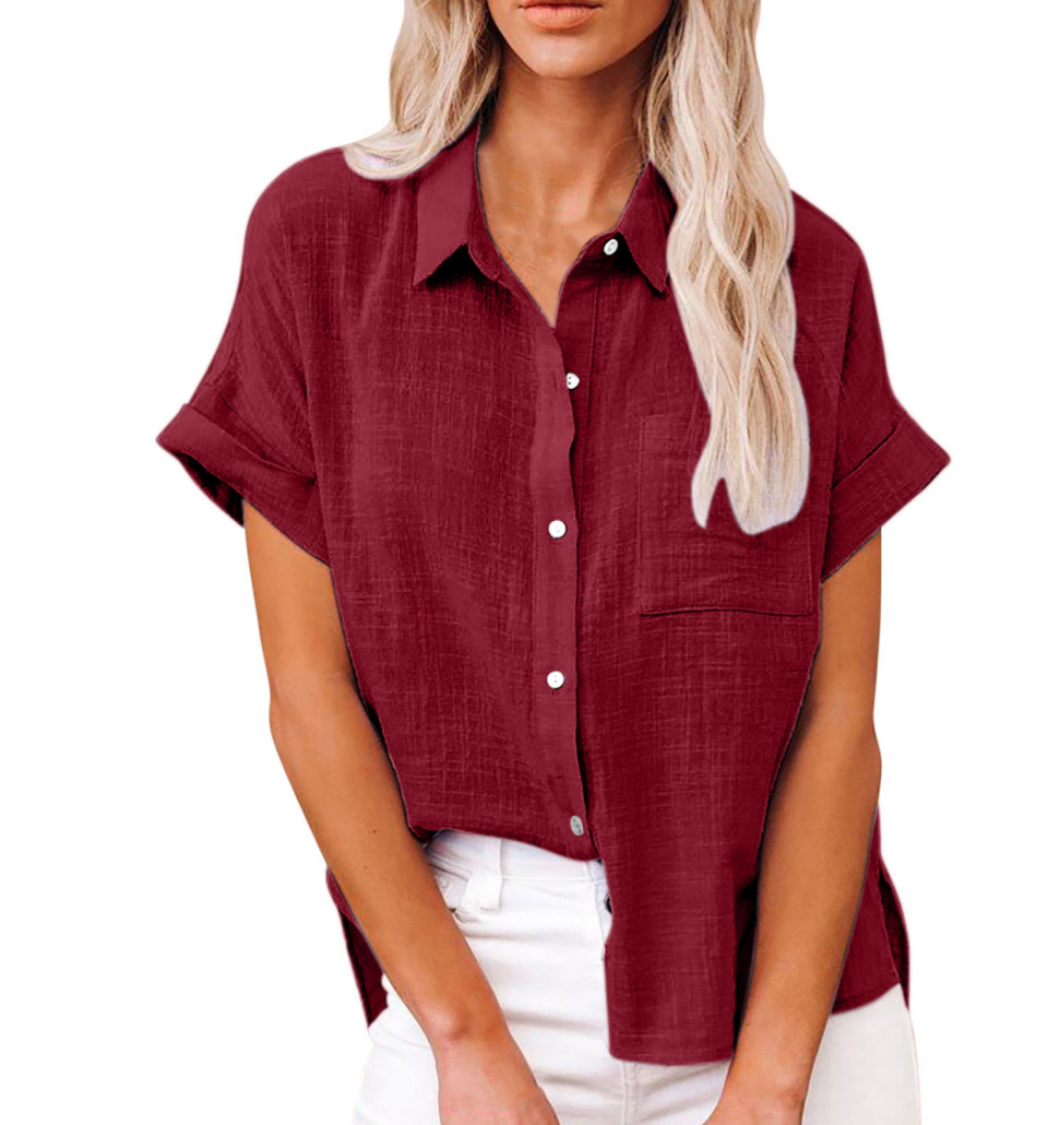 Hot Sale Women's Summer Linen Casual Shirt Short Sleeve Blouse Loose Fit Button Shirt