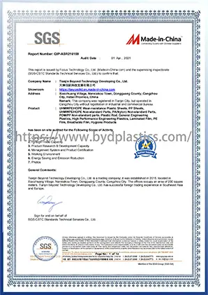 SGS International Certification for engineering plastics and precision CNC products