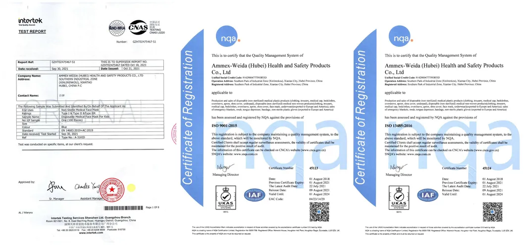 Certificados de máscara facial infantil