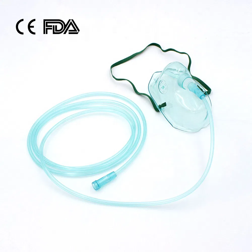 Máscara de oxigênio aprovada pela CE e FDA, fábrica hospitalar, máscara facial de plástico descartável para oxigênio, tamanho adulto XL/L, pediátrico M/S, cor verde