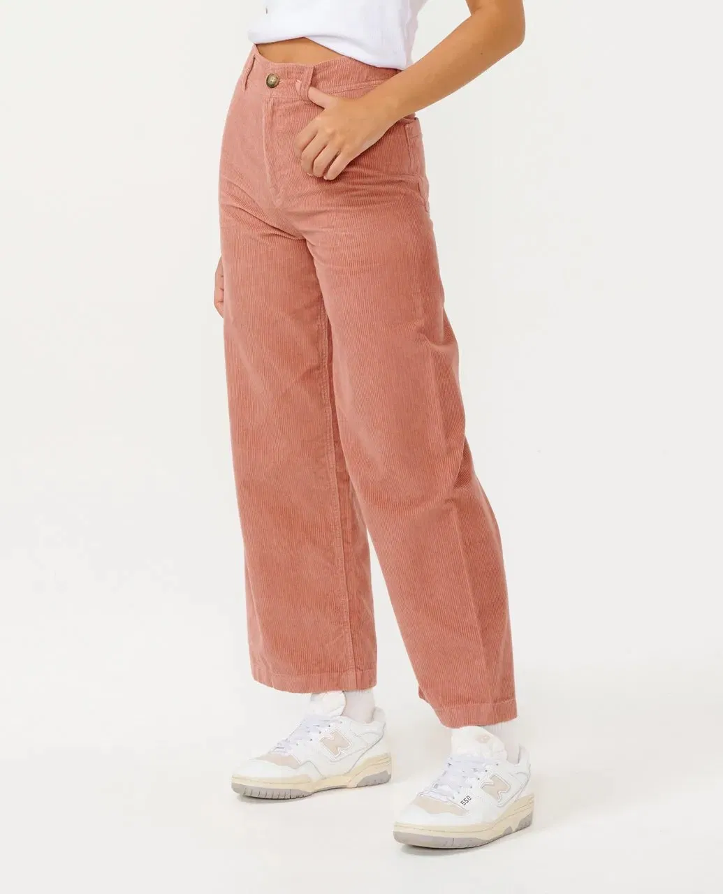 Calças de corduroy femininas personalizadas com fecho de zíper e bolsos laterais