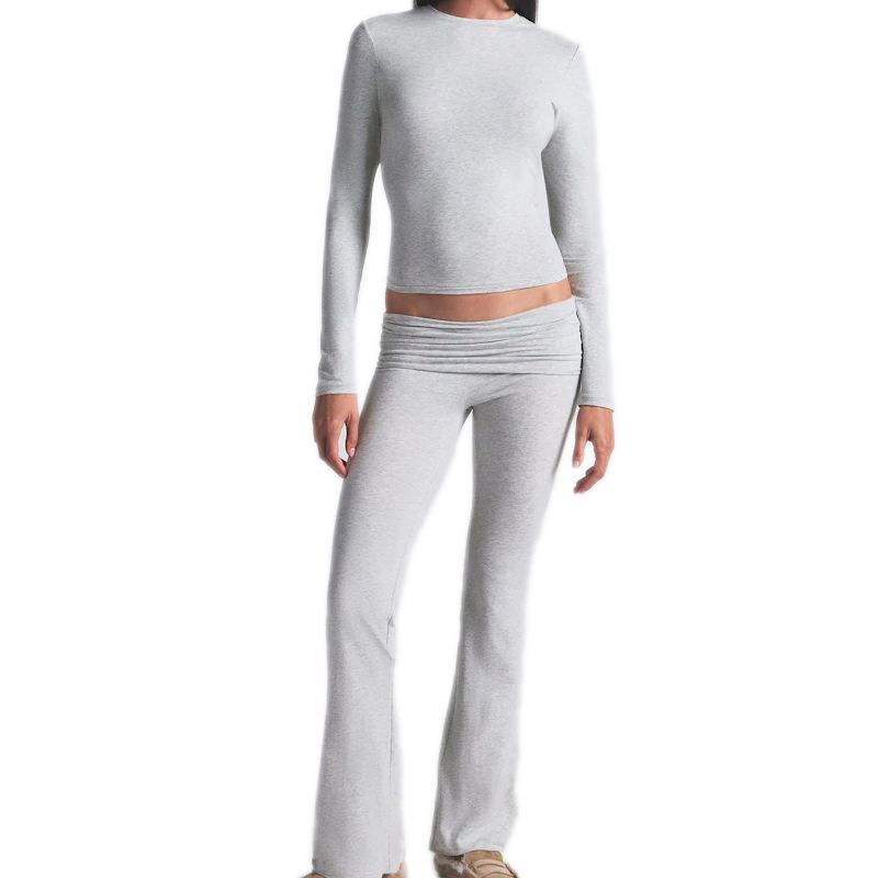 Conjunto Feminino Ky Ajustado com Manga Longa e Calças Flare Estilo Básico Versátil