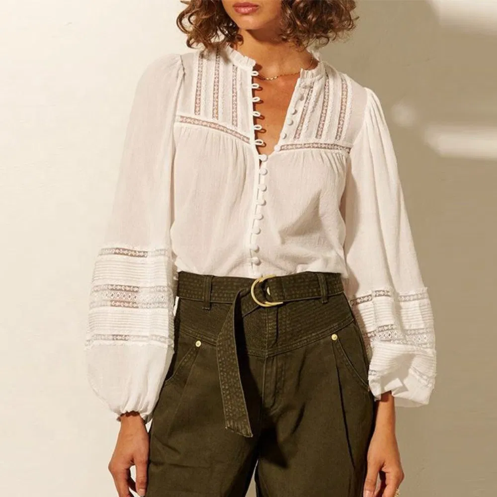 Women's Casual Summer Linen Button Down Blouse Long Sleeve Hollow