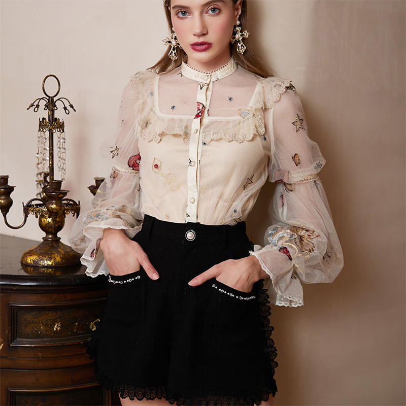 Blusa de Renda Vintage para Mulheres com Bordado em Malha, Gola Alta com Renda, Manga Longa Puff, Camisa Elegante Transparente com Estampa Floral, Blusas de Chiffon para Festa Diária