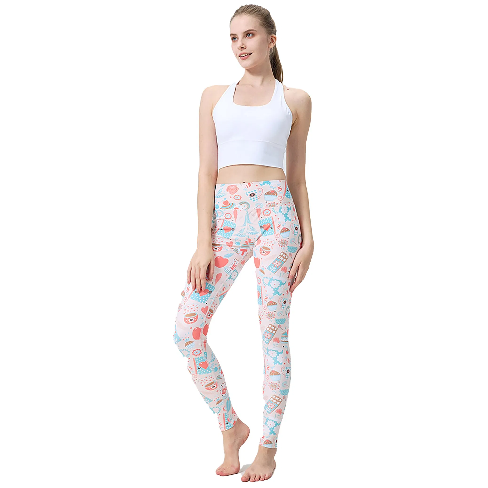 Leggings de Yoga Impressas em Rosa Fofo, Calças de Yoga para Mulheres com Cintura Alta e Elástico Stretchable
