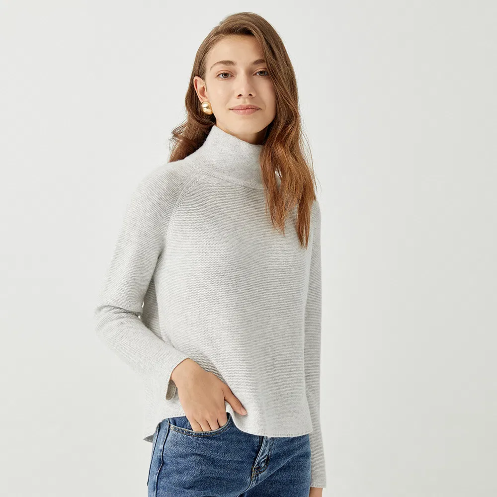Suéter de pulôver curto para mulheres, com gola alta, de manga longa, em cashmere personalizado para o inverno