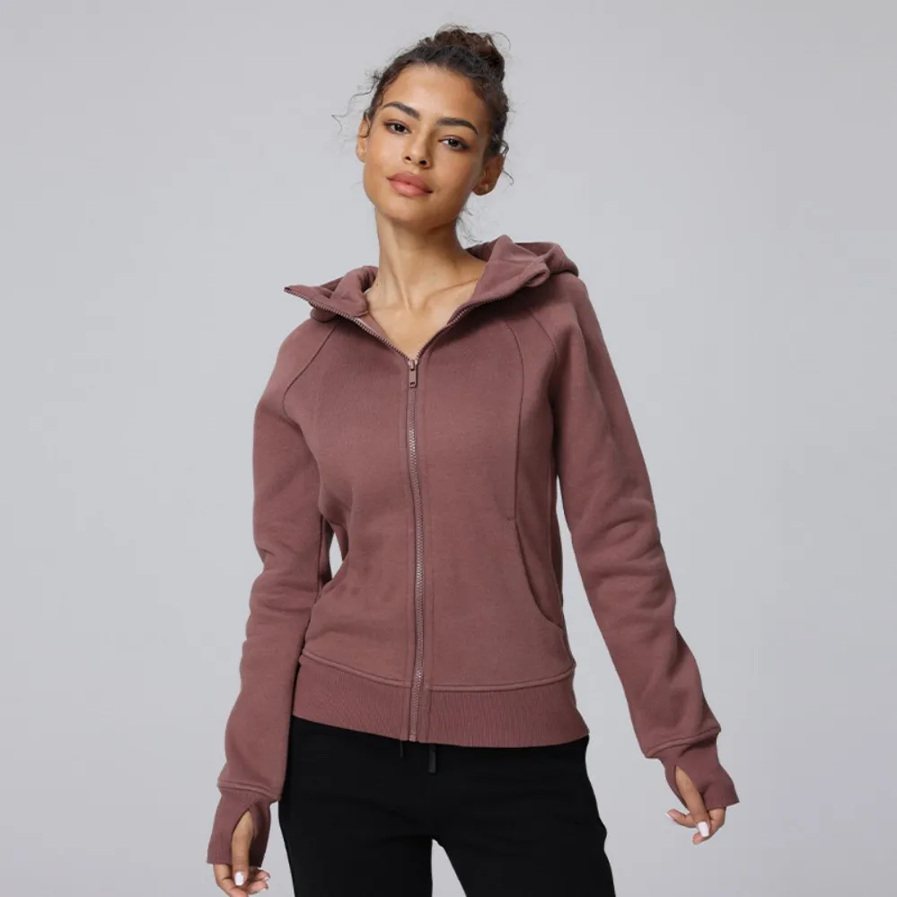Moletom feminino de moda esportiva personalizado por atacado, forrado com fleece, quente, com capuz, ajuste slim, espesso, jaqueta de fitness e yoga para outono e inverno