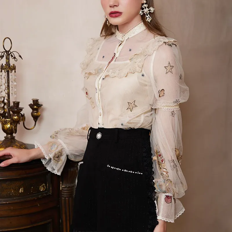 Blusa de Renda Vintage para Mulheres