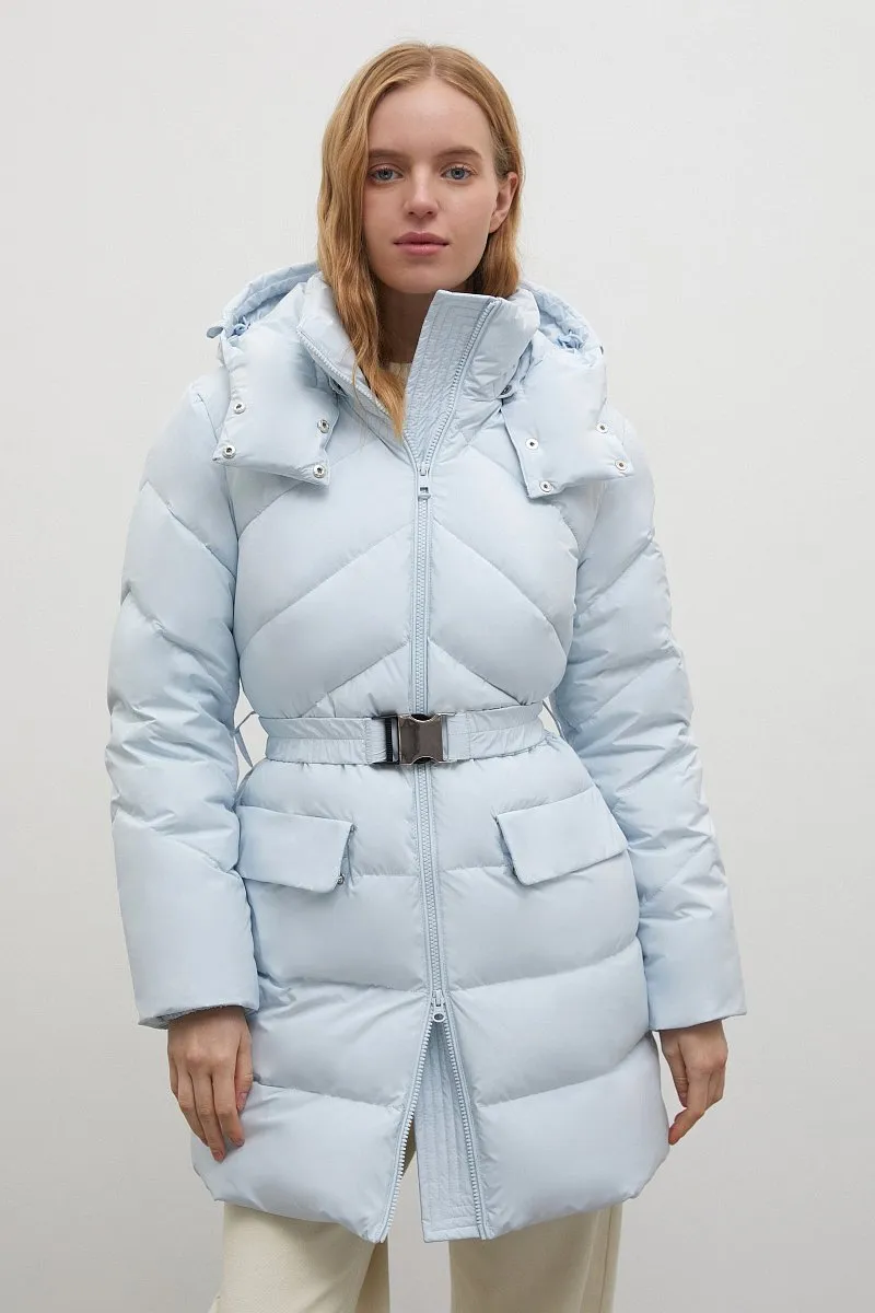 Roupas de Inverno Personalizadas por Atacado Moda Alta Roupas de Esqui com Capuz Jaqueta Puffer Feminina Jaqueta de Pato ou Ganso com Cinto de Fivela Roupas Puffy Femininas para Atividades ao Ar Livre