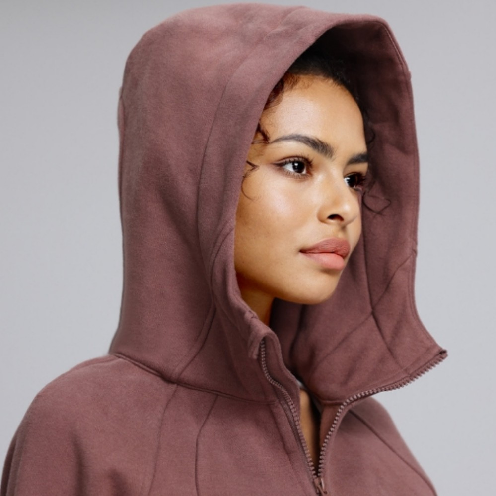 Moletom feminino de moda esportiva personalizado por atacado, forrado com fleece, quente, com capuz, ajuste slim, espesso, jaqueta de fitness e yoga para outono e inverno