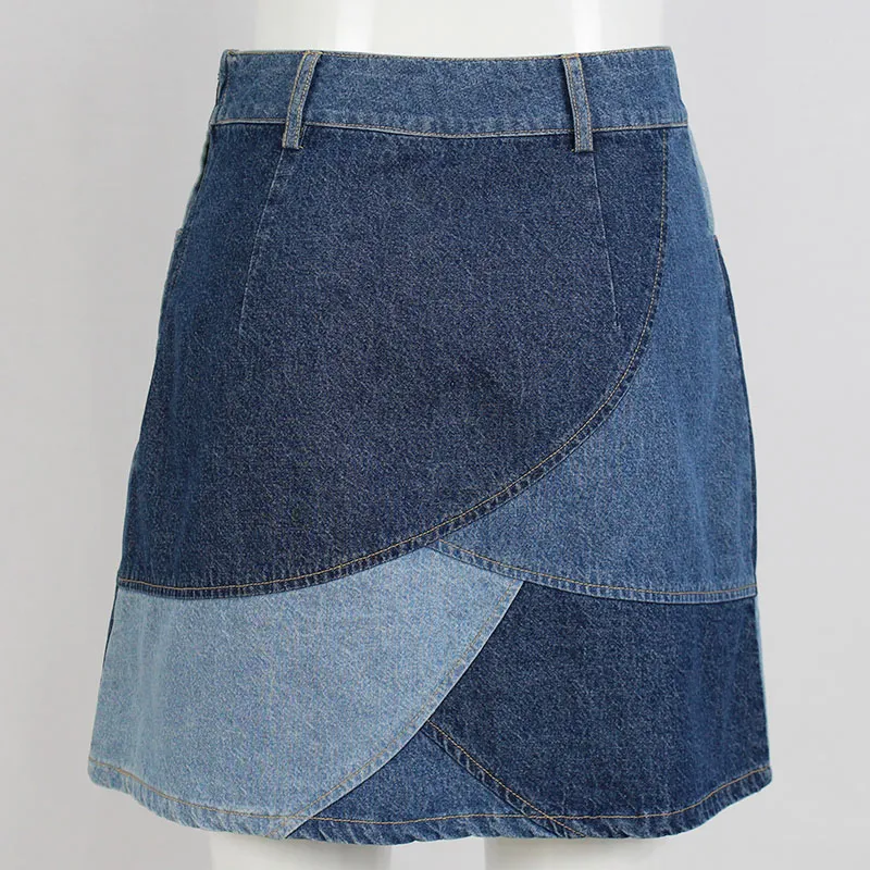 Saia Mini A-Line Casual de Verão para Mulheres em Denim com Patches de Cores Contrastantes