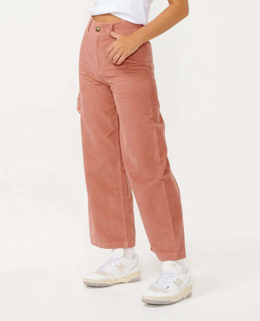 Calças de corduroy femininas personalizadas com fecho de zíper e bolsos laterais