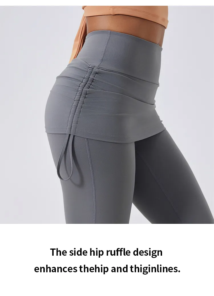 Calças de Yoga Flare de Cintura Alta com Ruchado e Controle de Barriga 4-Way Leggings de Ginástica com Sobreposição de Saia