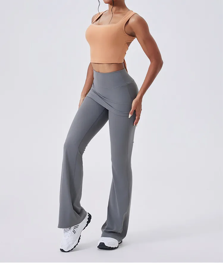 Calças de Yoga Flare de Cintura Alta com Ruchado e Controle de Barriga 4-Way Leggings de Ginástica com Sobreposição de Saia