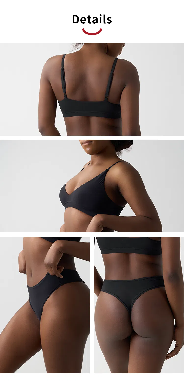 Conjunto de Lingerie Feminina com Sutiã Sem Fio de Alças Ajustáveis em V e Calcinha de Cintura Média, Fabricante Atacadista OEM