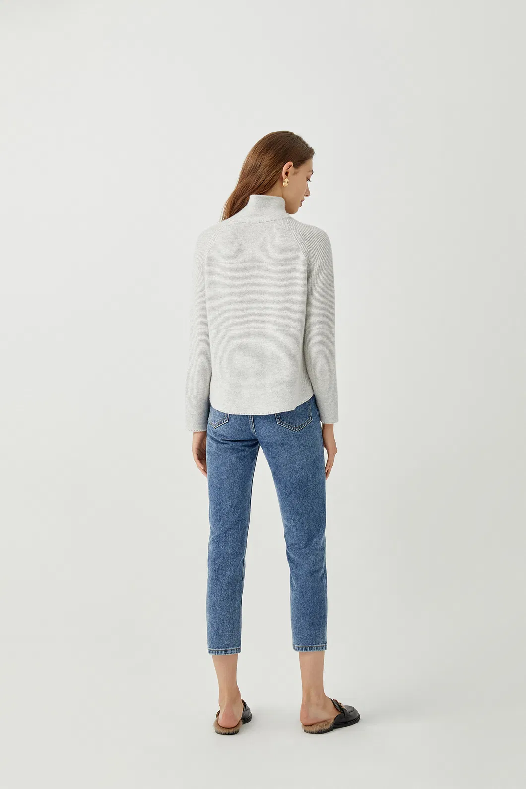 Suéter de pulôver curto para mulheres, com gola alta, de manga longa, em cashmere personalizado para o inverno