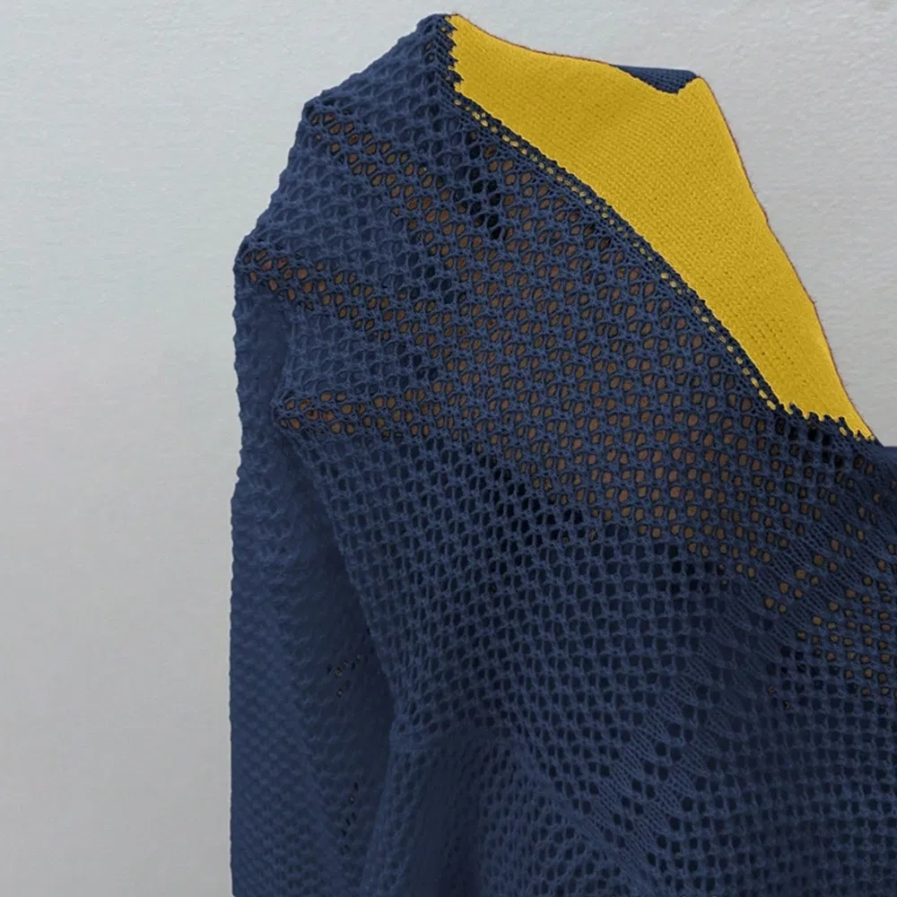 Suéter de tricô crochê de verão feminino de manga longa em jacquard azul escuro
