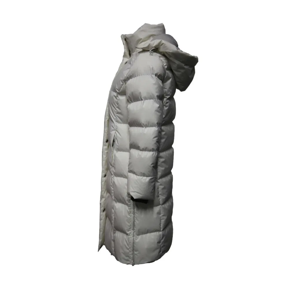 Casaco longo puffer feminino estiloso e ultra quente com capuz e enchimento de plumas para a fria temporada de inverno ao ar livre