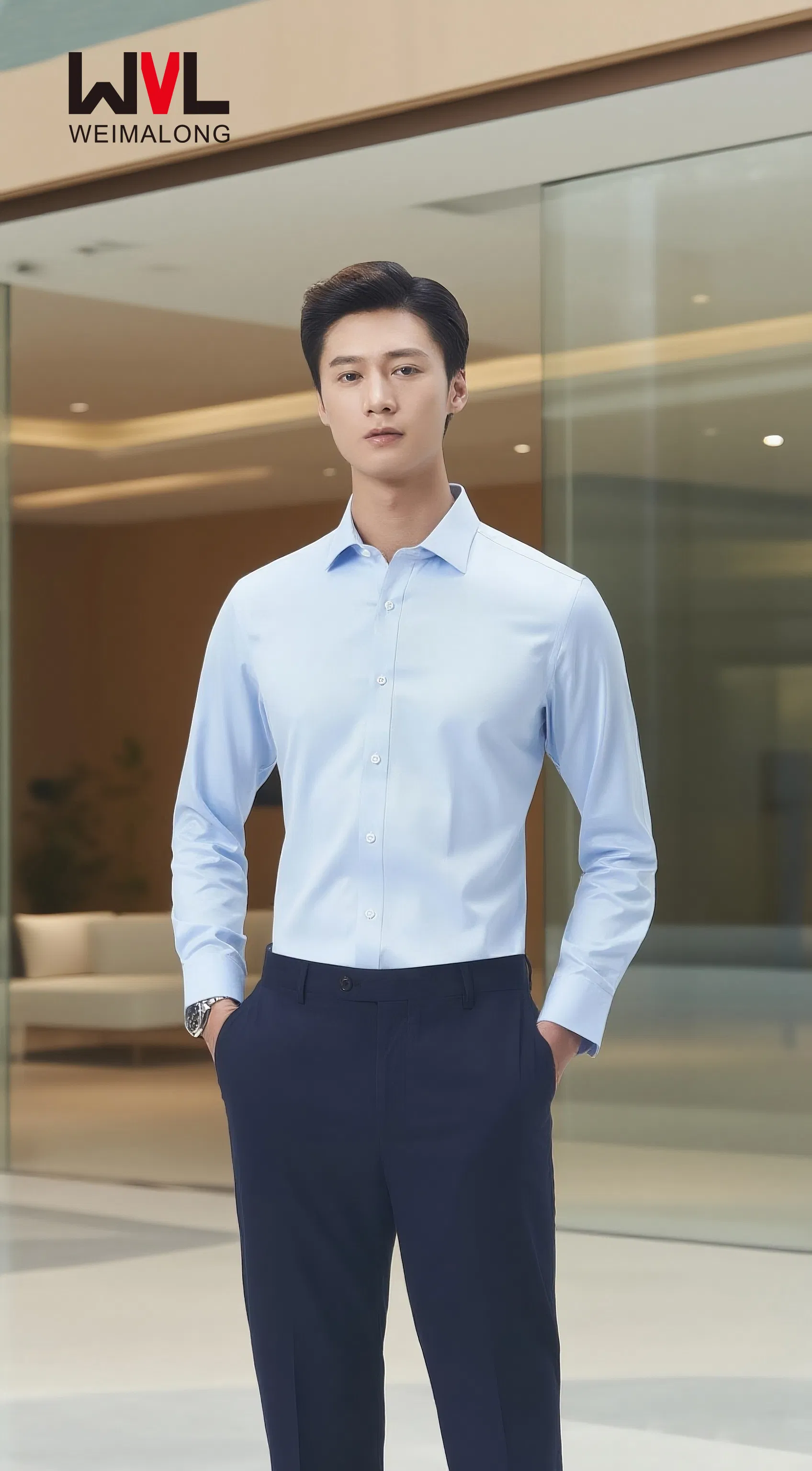 Camisa Formal de Manga Longa em Tecido Trançado para Homens e Mulheres