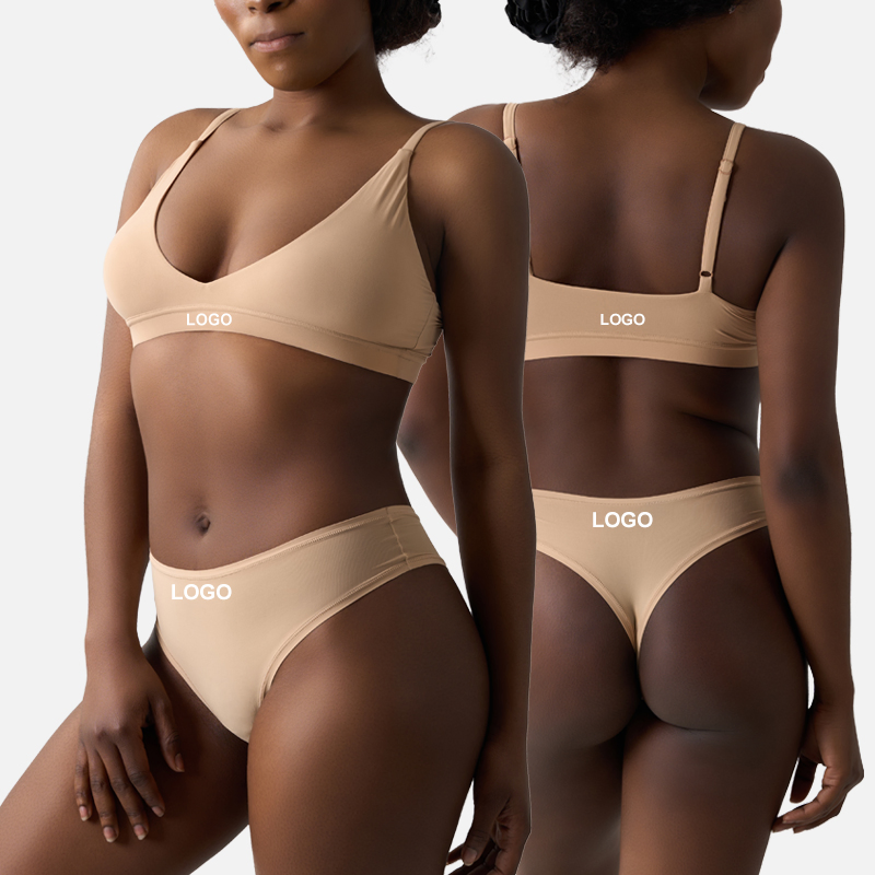 Conjunto de Lingerie Feminina com Sutiã Sem Fio de Alças Ajustáveis em V e Calcinha de Cintura Média, Fabricante Atacadista OEM