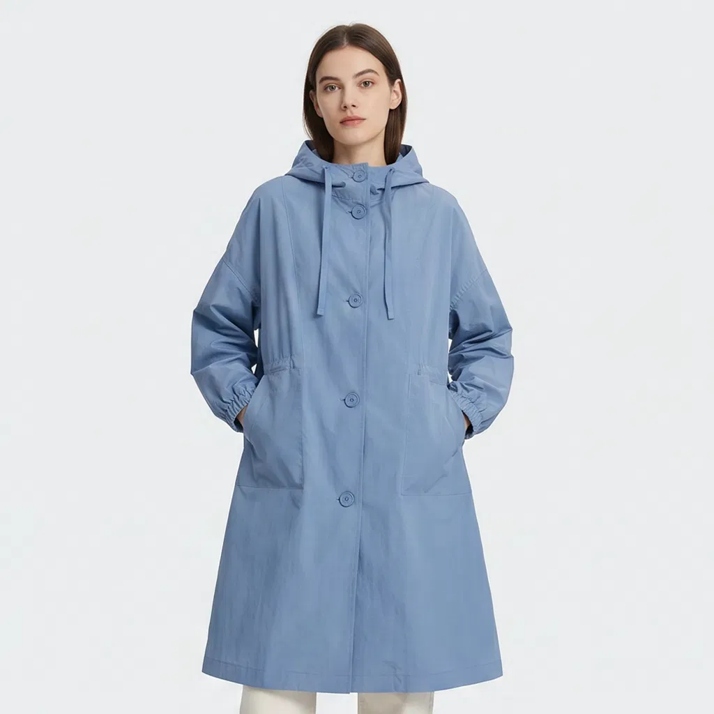 Casaco Trench Fino com Capuz Solto, Frente com Botões e Punhos com Cordão Azul Claro para Mulheres, Primavera Outono Atacado
