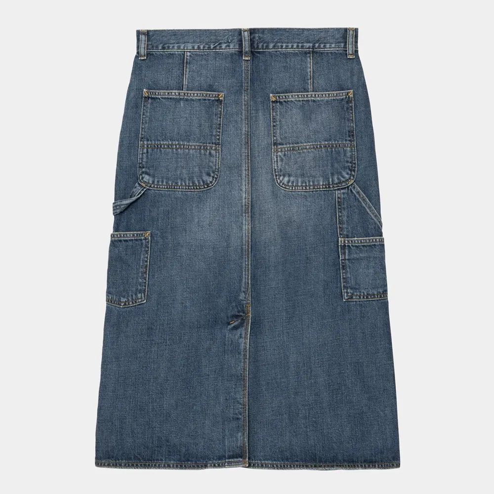 Saia MIDI de denim pesada azul personalizada com alças de martelo e bolsos laterais para mulheres