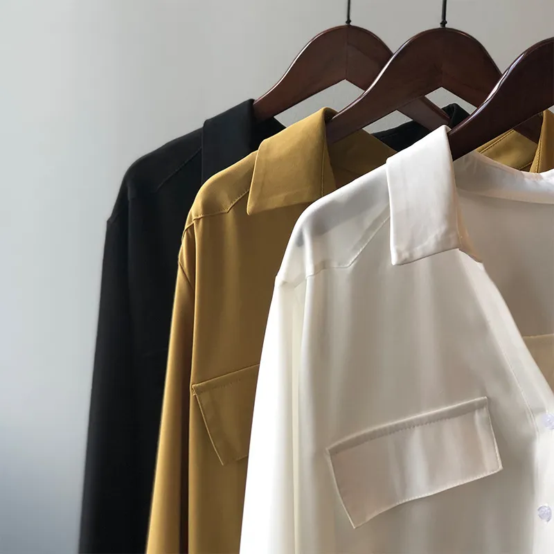 Blusa de seda satinada branca solta e elegante para mulheres, roupas de outono, camisa formal de manga longa com bolso para lady de escritório