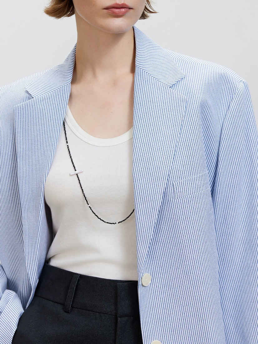 Blazer de linho listrado de manga larga, solto e de alta qualidade para mulheres, para uso no verão