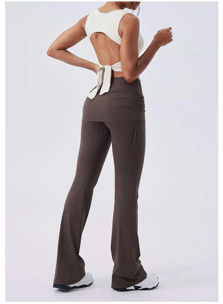 Calças de Yoga Flare de Cintura Alta com Ruchado e Controle de Barriga 4-Way Leggings de Ginástica com Sobreposição de Saia