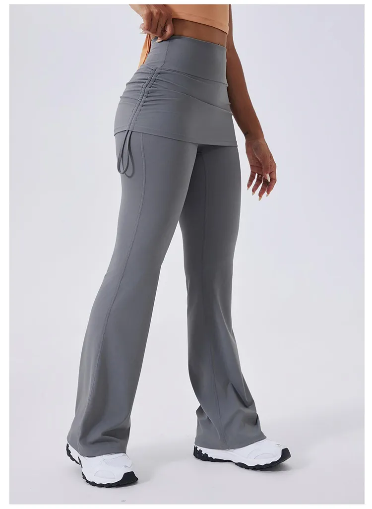 Calças de Yoga Flare de Cintura Alta com Ruchado e Controle de Barriga 4-Way Leggings de Ginástica com Sobreposição de Saia