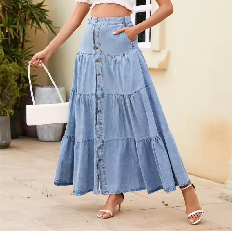 Saia de Denim Vintage com Botões para Mulheres, Sólida, Comprimento até o Tornozelo, em A-Line para o Verão