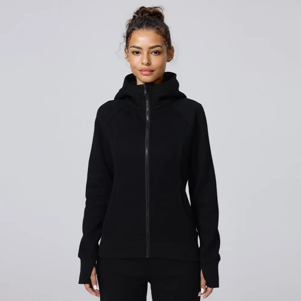 Moletom feminino de moda esportiva personalizado por atacado, forrado com fleece, quente, com capuz, ajuste slim, espesso, jaqueta de fitness e yoga para outono e inverno