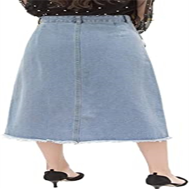 Saia midi de jeans feminina com fenda frontal, barra desfiada e corte em A até a metade da panturrilha