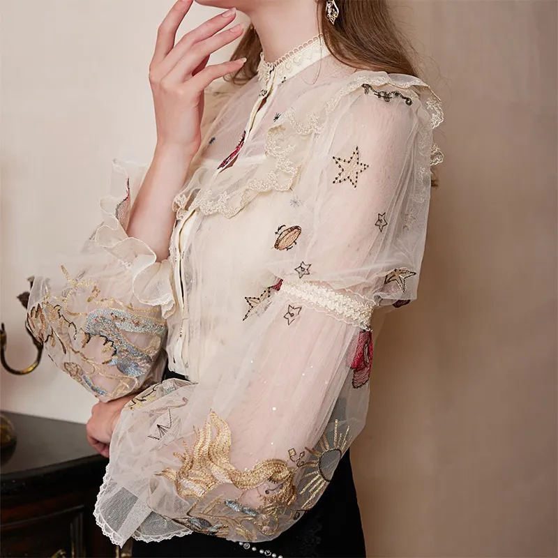 Blusa de Renda Vintage para Mulheres