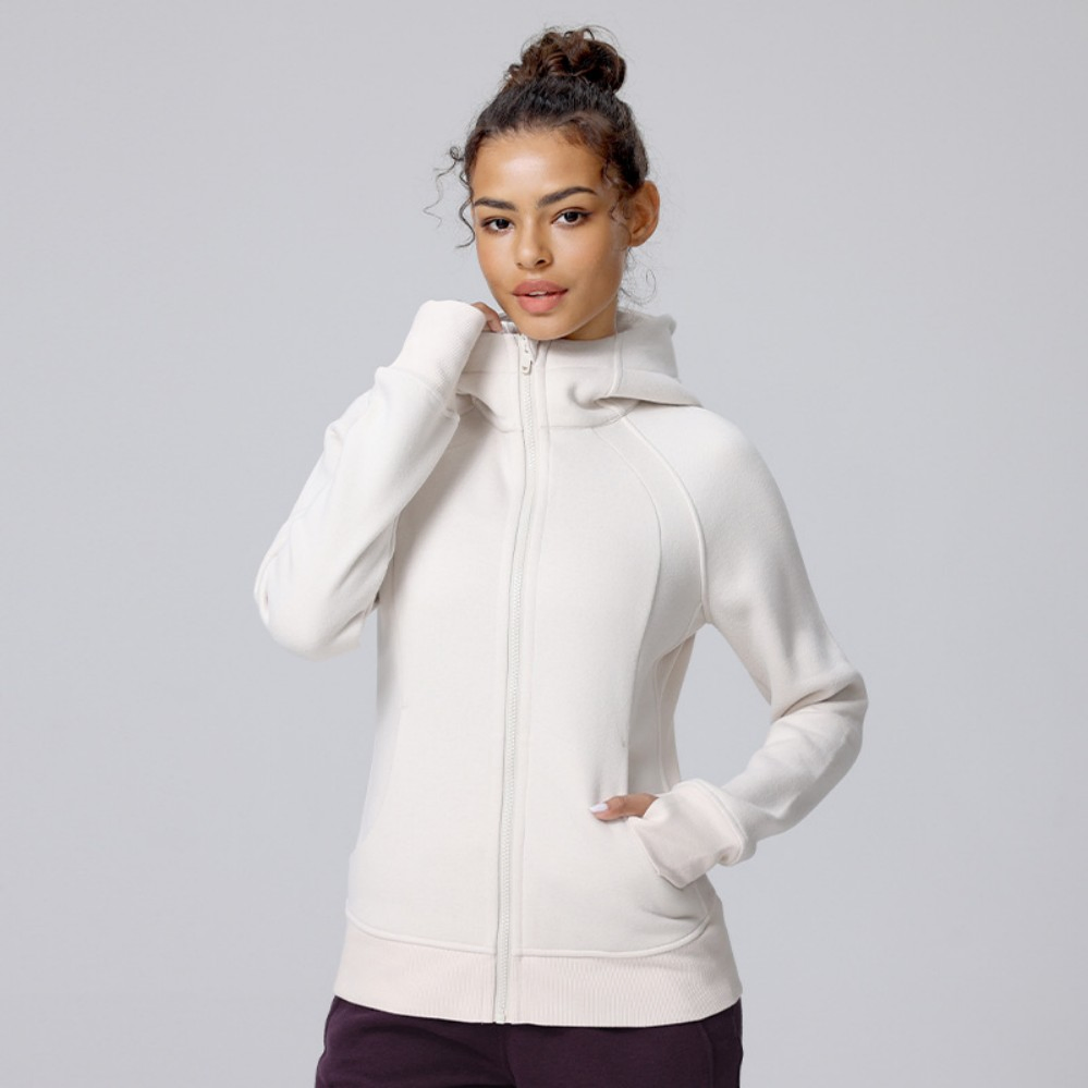 Moletom feminino de moda esportiva personalizado por atacado, forrado com fleece, quente, com capuz, ajuste slim, espesso, jaqueta de fitness e yoga para outono e inverno