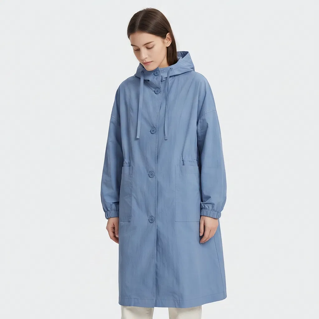 Casaco Trench Fino com Capuz Solto, Frente com Botões e Punhos com Cordão Azul Claro para Mulheres, Primavera Outono Atacado