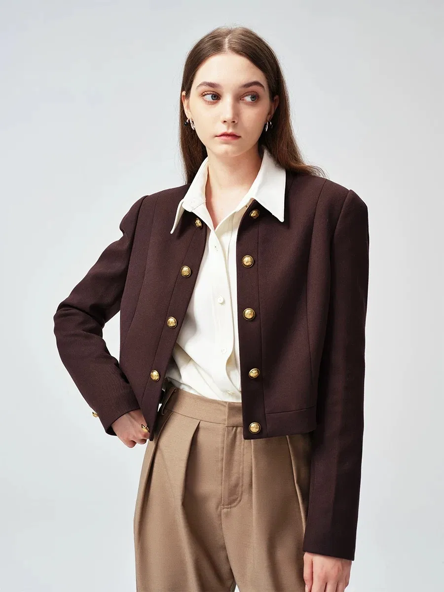 Logo de Marca Atacado Casaco de Uma Peça para Mulheres Jaqueta de Alta Qualidade Sem Colarinho Blazer Curto com Botões Decorativos para Mulheres