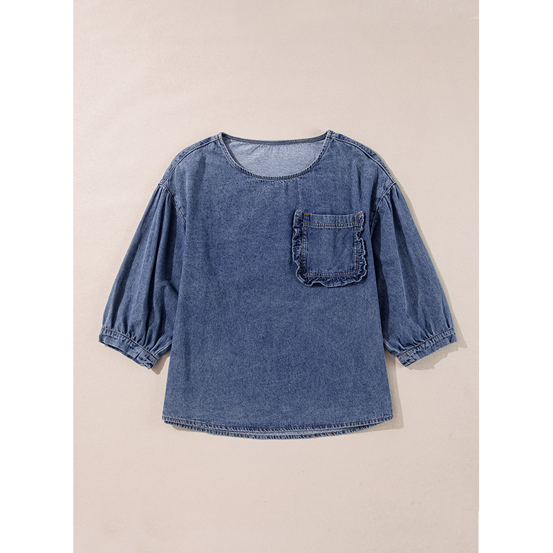 Querido Atacadista de Jeans Roupas Envio Rápido 3/4 Blusas de Denim com Mangas Ruffles e Bolsos Patched para Mulheres